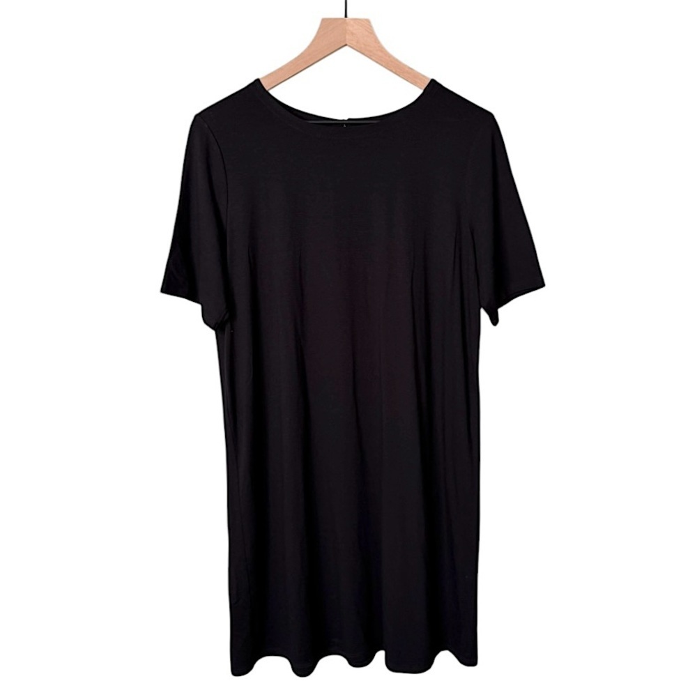 Eileen Fisher Short Sleeve Crewneck Keyhole Back Dress Black‎ Size Petite Large